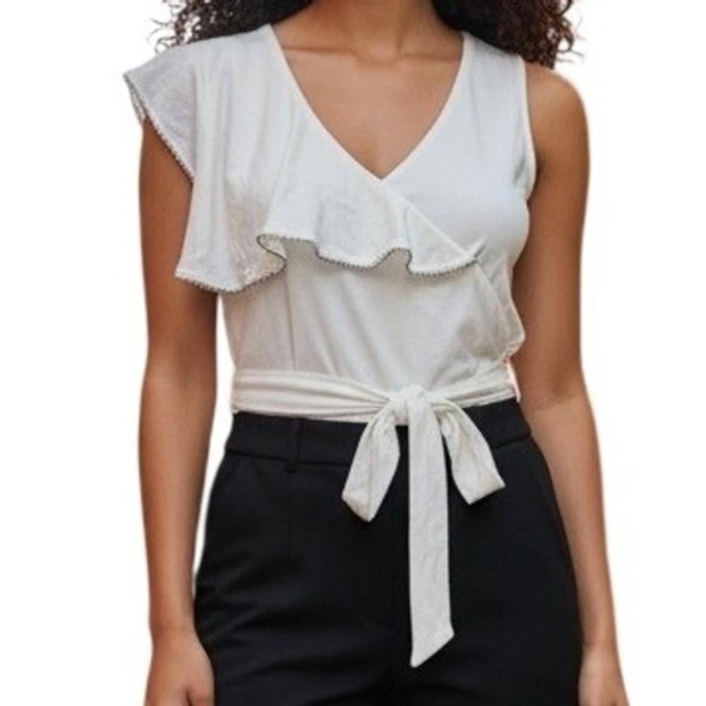 BEBE White Asymmetrical One Sleeve Flutter Wrap Top Ball Chain Trim Size M